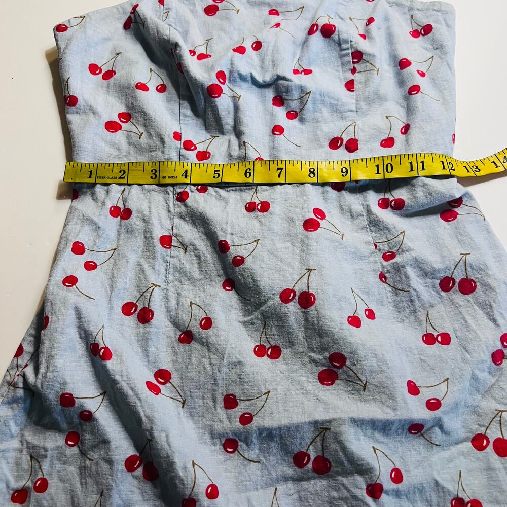 Urban Outfitters Linen Blend Cherry Print Spagetti Mini Dress Size 2 Blue Red - Picture 10 of 12